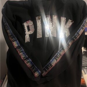 PINK Victoria's Secret Black Hoodie with Silver and Pink Accents